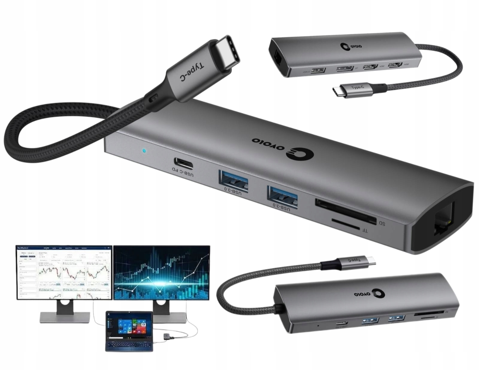 Replikátor portů pro Ultabook Usb-c Pd 100W 4xUSB 3.0 2.0 2xHDMI RJ45 Vga