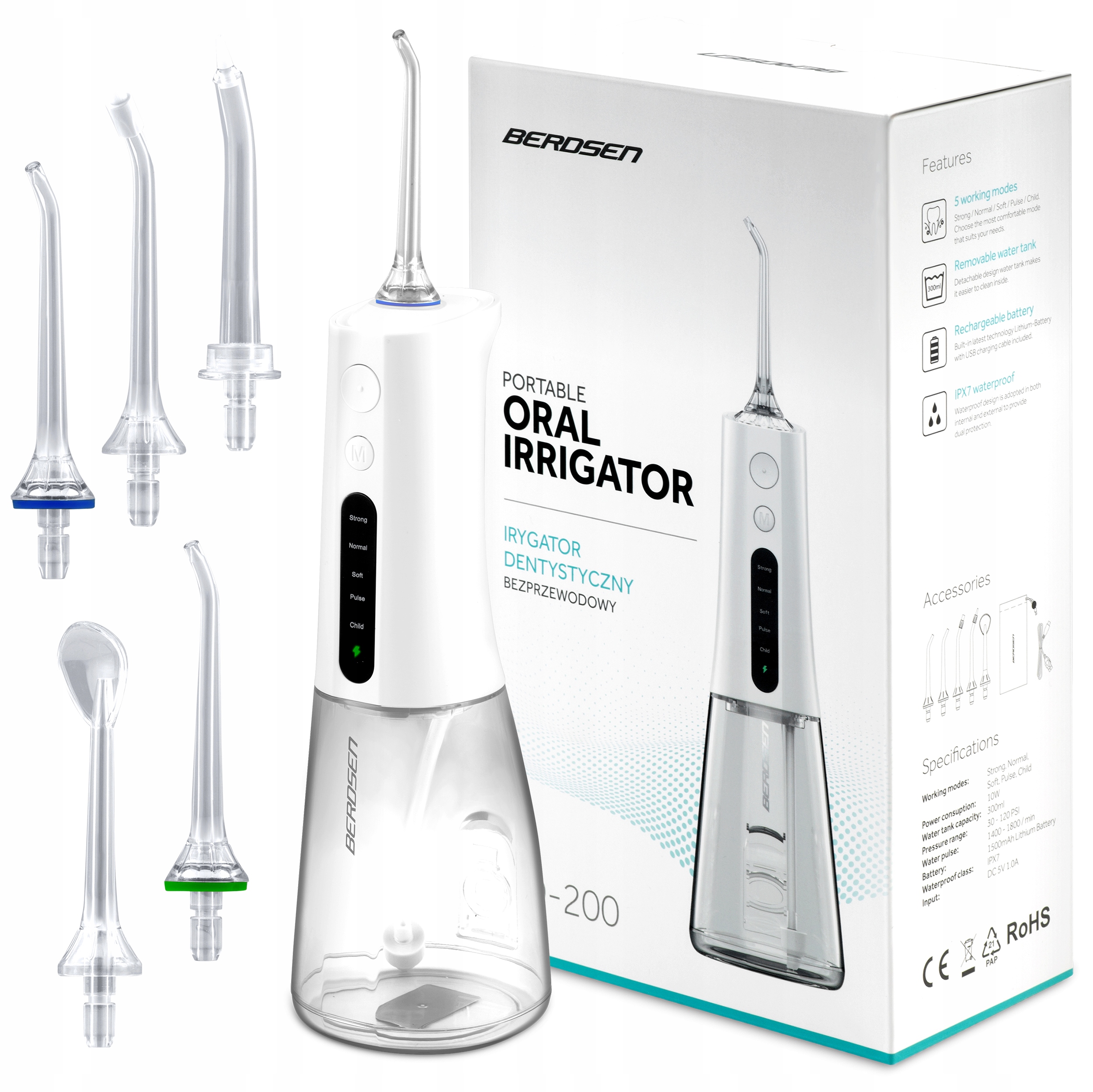Irygator do Zębów Bezprzewodowy Dentystyczny Berdsen 5 Trybów 5 Końcówek