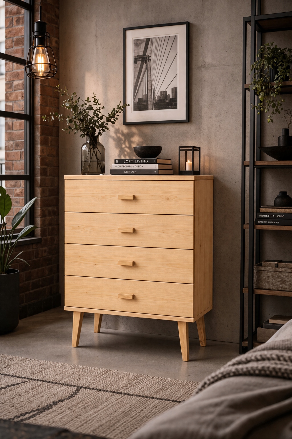 Komoda Dřevěná Borovicová 60X92 4 zásuvky skandinávský styl K14S
