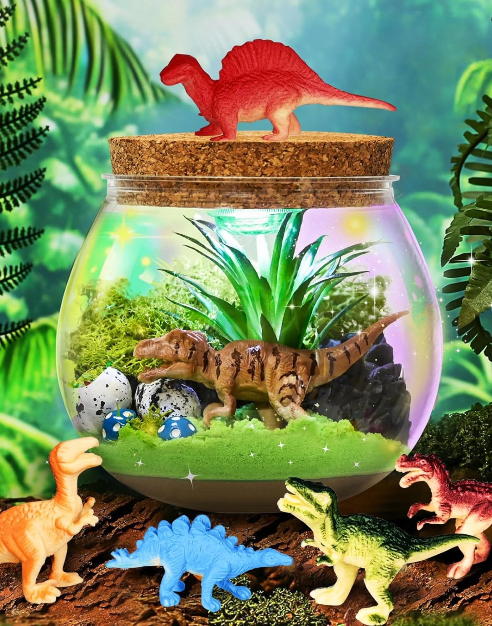 Terrarium DIY z dinozaurami i lampką LED RegMag 13 kolorów – Kreatywna zabawa we własnym terrarium
