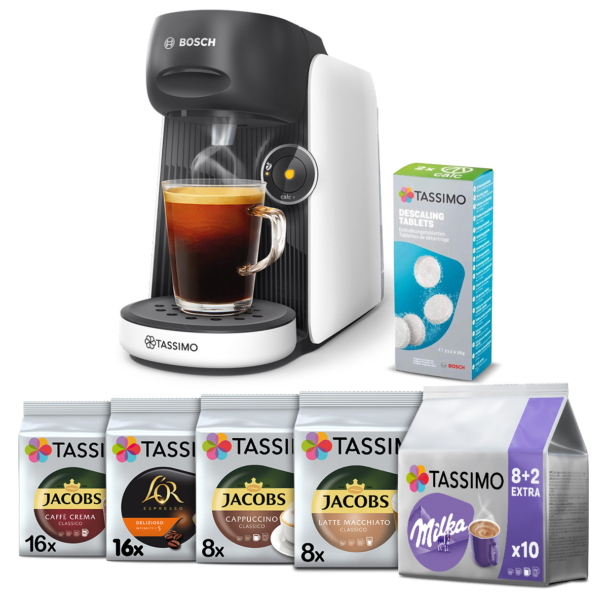 Zestaw ekspres kapsułkowy Finesse biały i 56 kaw odkamieniacz