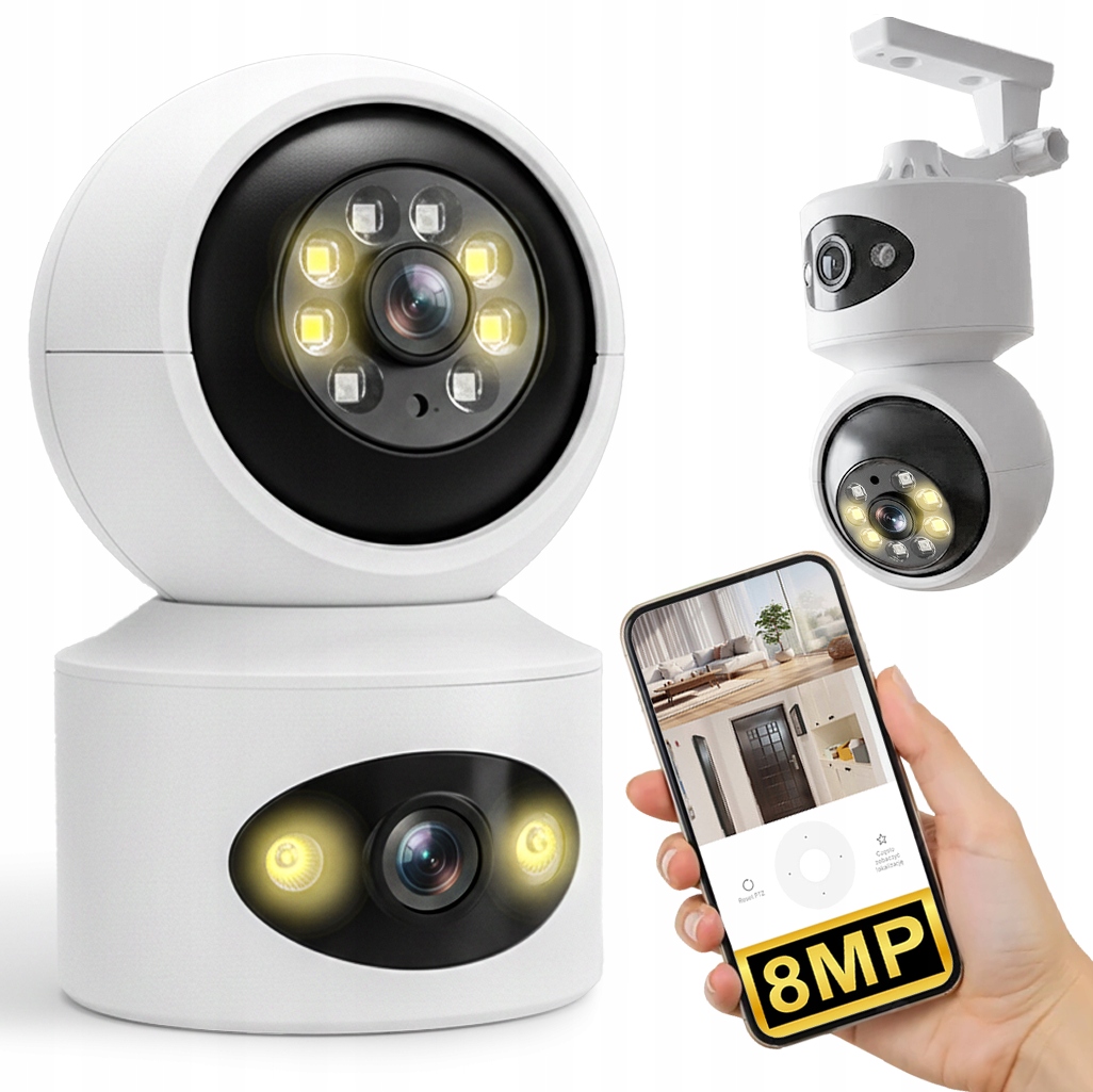 PODWÓJNA KAMERA OBROTOWA WEWNĘTRZNA WIFI DOMOWA NIANIA SMART DETEKCJA 8MP