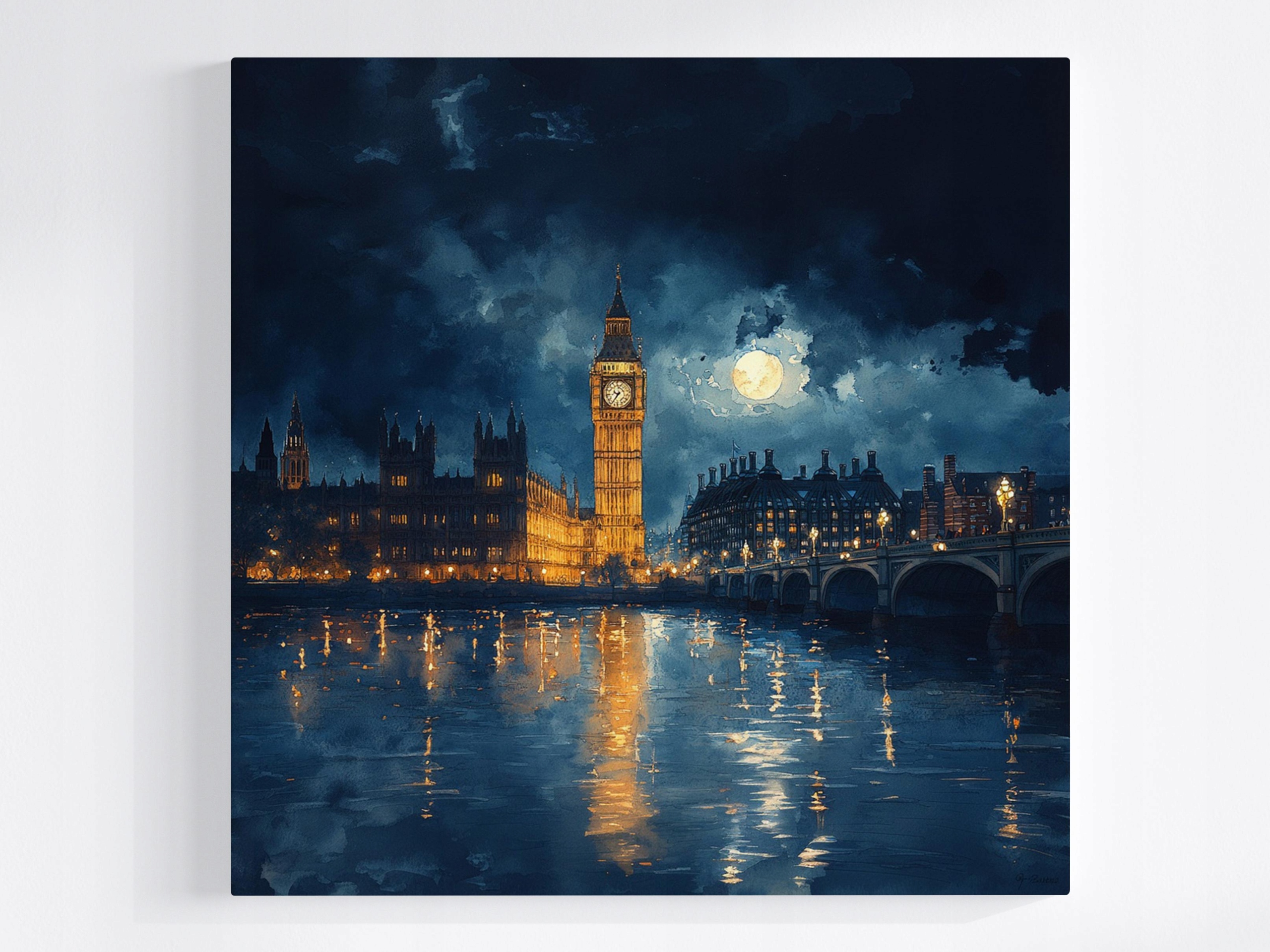 Obraz Na Plátně Canvas Město Londýn Tamiza Big Ben Noc Měsíc 80x80