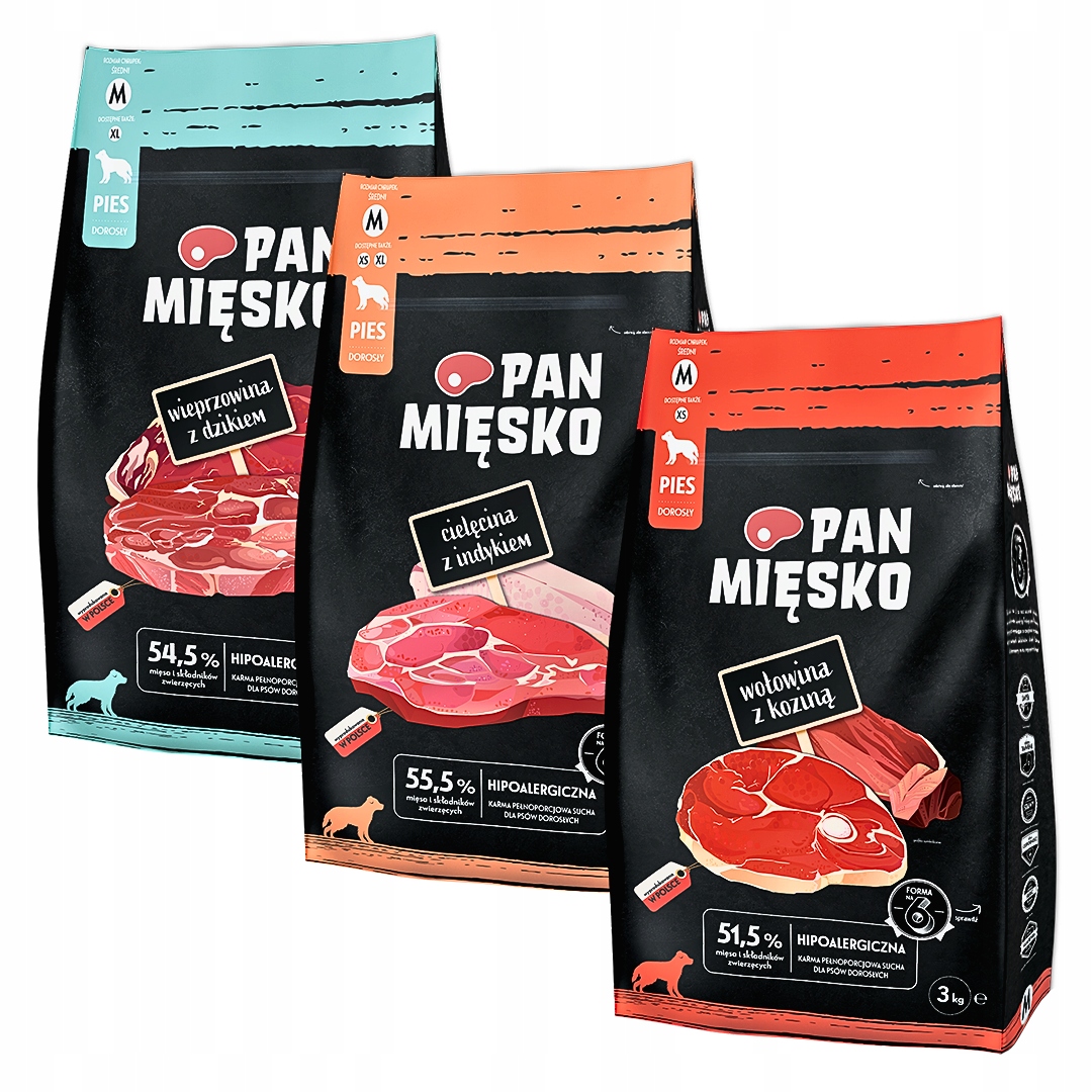 Pan Mięsko Sucha Karma Dla Psa Wielki MIX 3 Smaków 3x3kg 9kg
