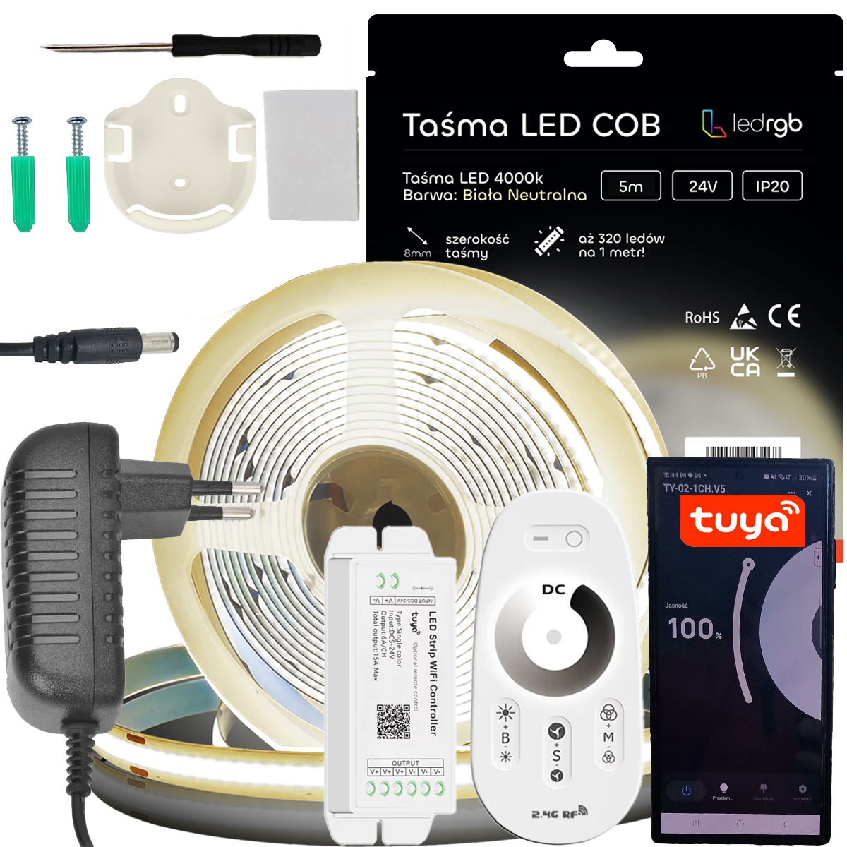 Sada Led pásků Cob 24V 5 m 4000K Bílá N. Zásuvkový Napájecí Zdroj Wifi Dálkový Ovladač