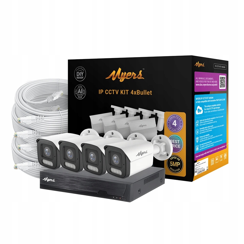 Myers 5MP Hd PoE Set 4x Bullet 10CH Nvr, Detekcia, Nočné videnie 30m