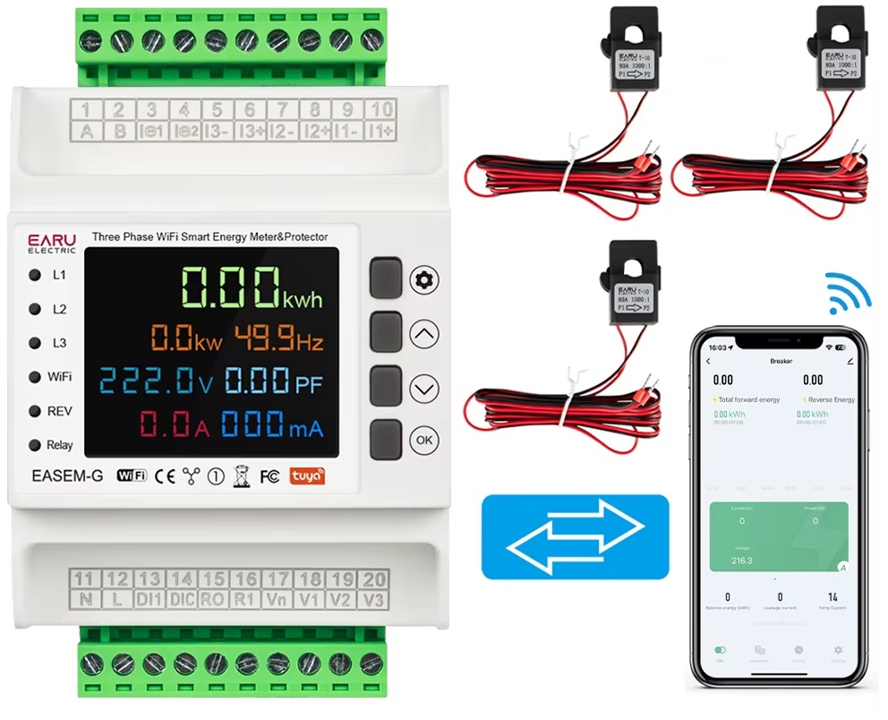 Dvojsmerný 3-fázový WiFi Tuya displej merača napájania
