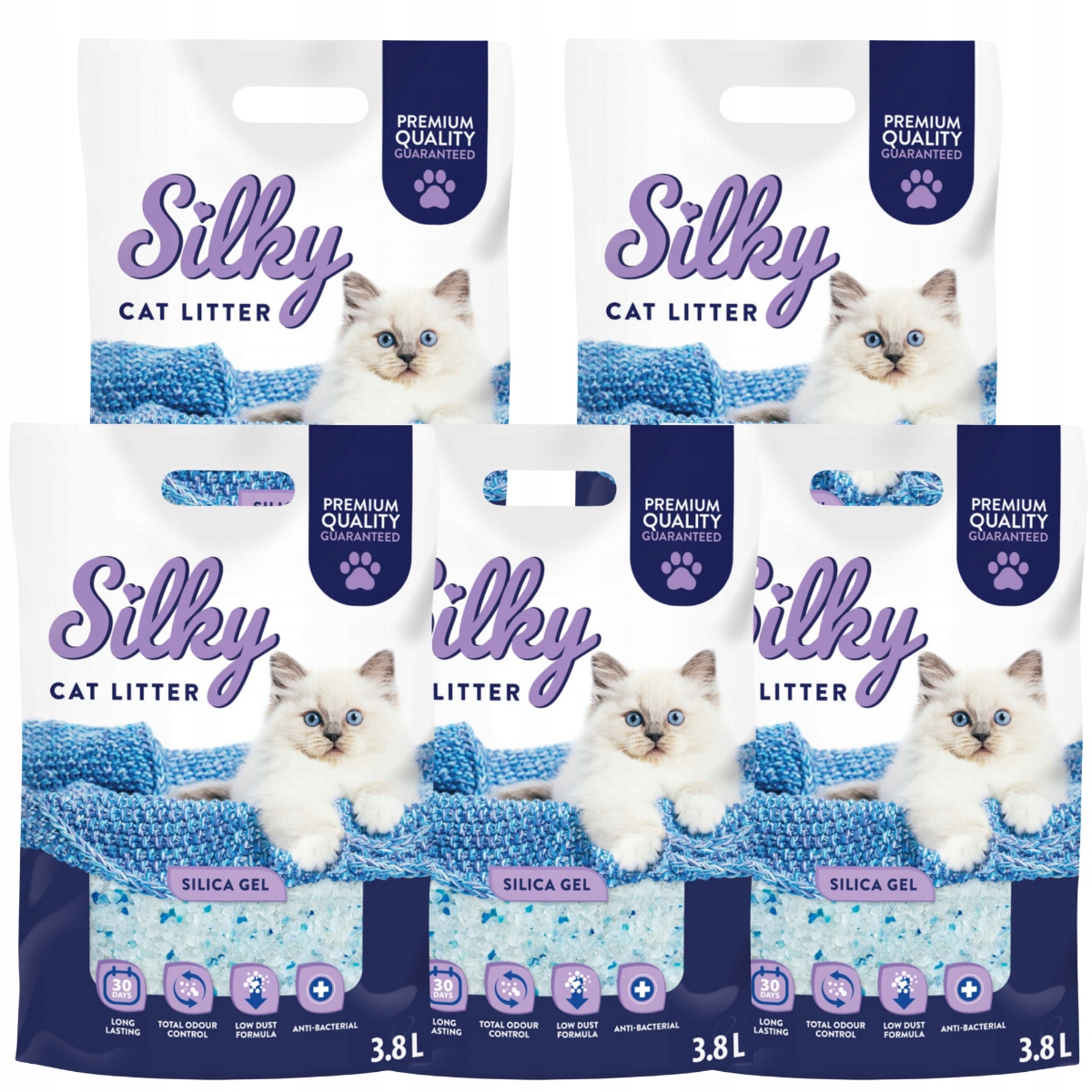 Silikonové stelivo pro kočky Silky 3,8 l sada 5 ks