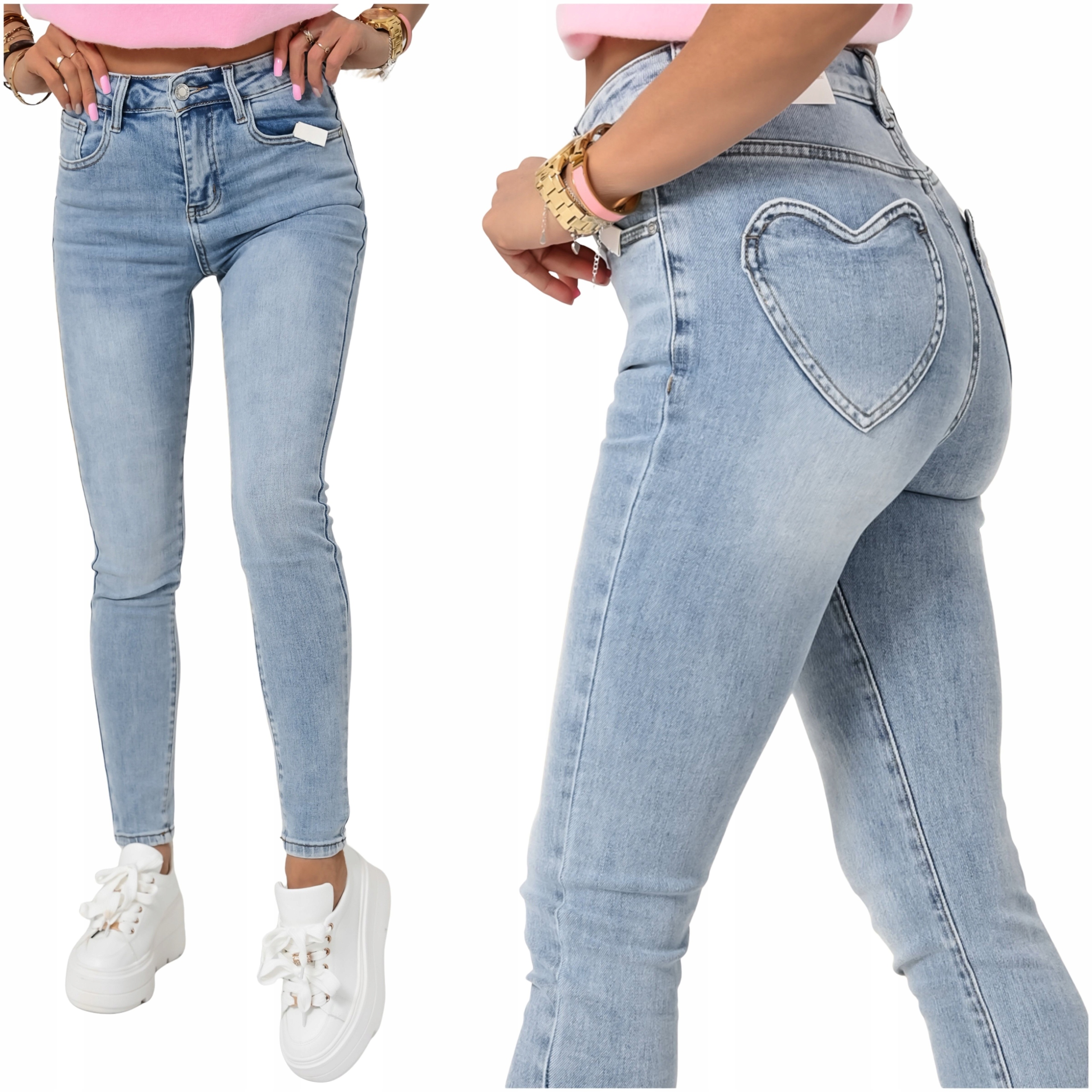 Spodnie Jeansy Damskie z Sercem Niebieskie Skinny Rurki Push-Up Premium 42