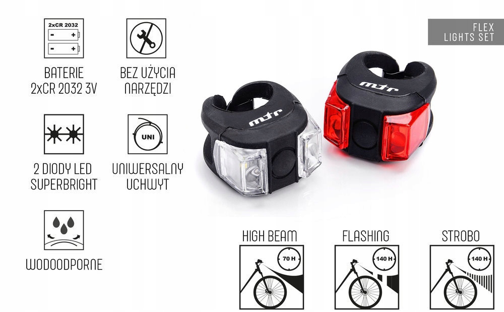 ZESTAW LAMPEK ROWEROWYCH DO ROWERU PRZÓD + TYŁ LED Źródło światła dioda LED