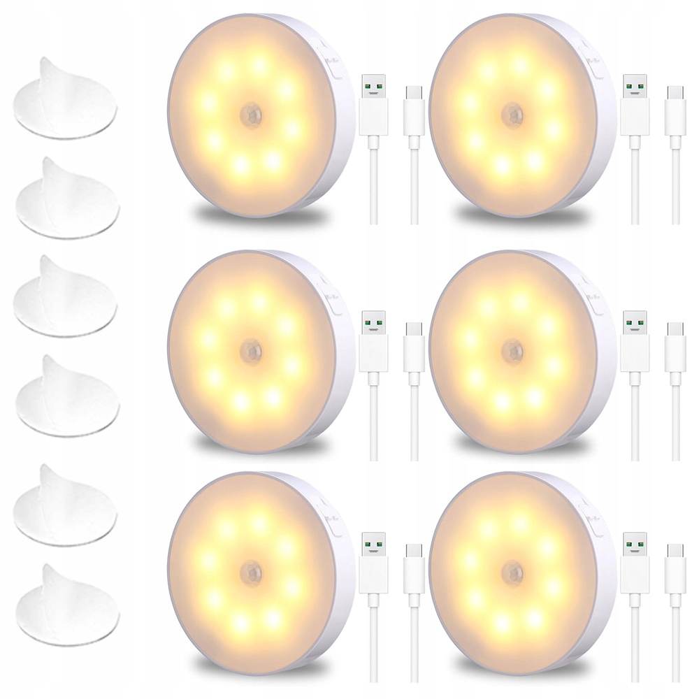 6X Magnetická Noční Lampa S Pohybovým Senzorem 6000K 8 Led, 3 Režimy Usb