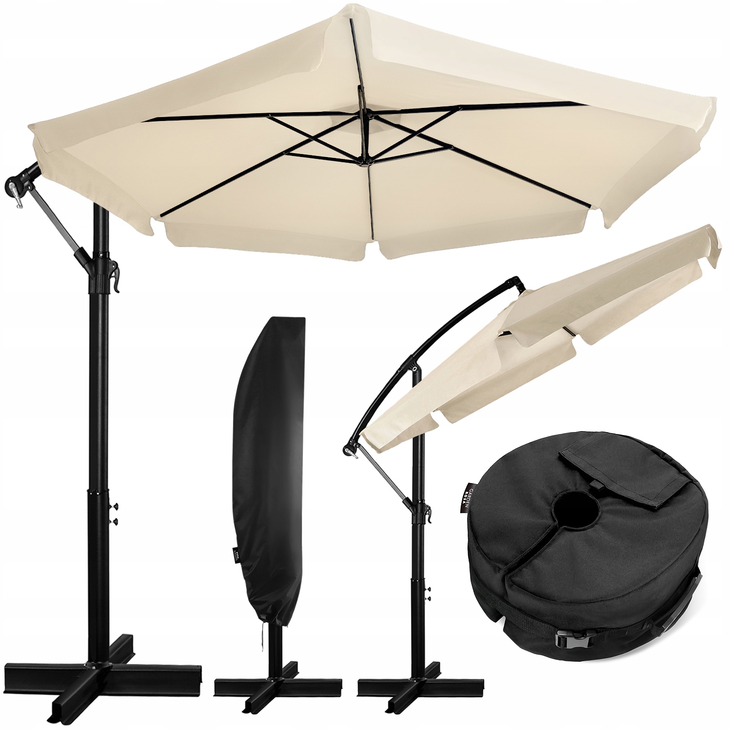 Parasol Ogrodowy Duży Składany Z Wysięgnikiem Falbaną 350cm Zestaw Baza