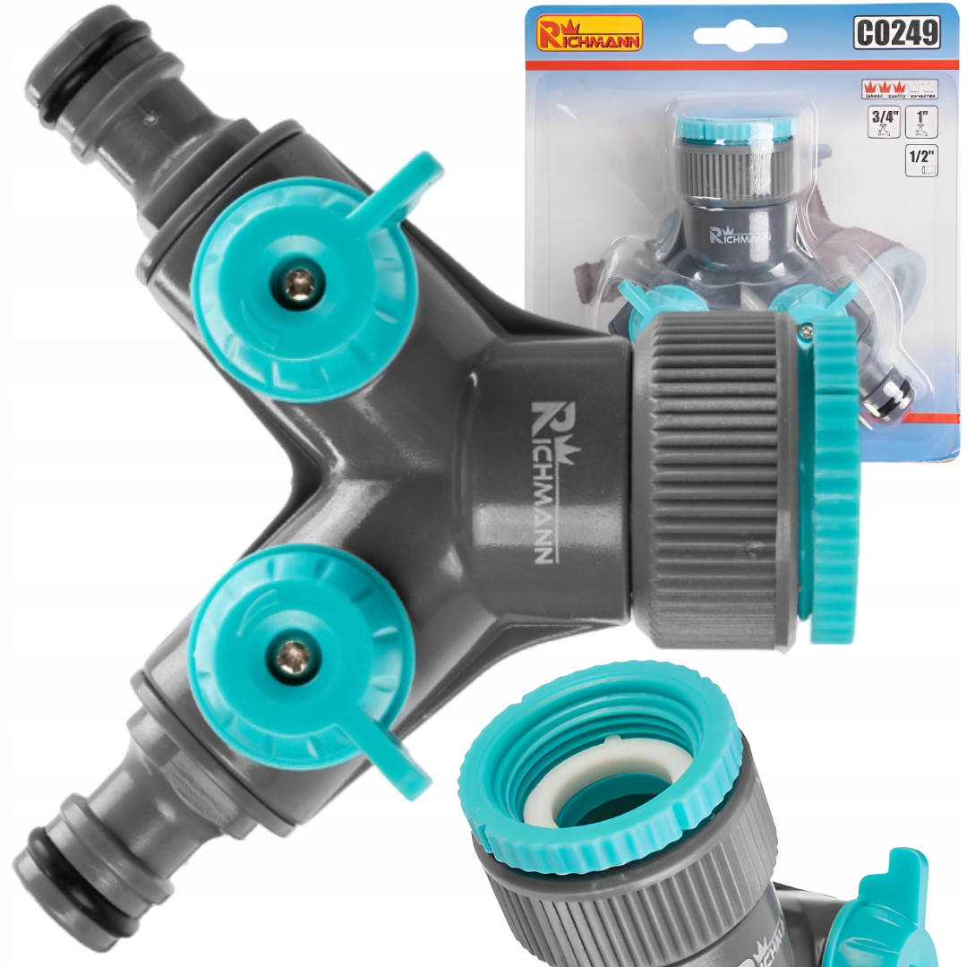 ROZDZIELACZ ROZGAŁĘŻNIK OGRODOWY Z ZAWORAMI GW 1"x 3/4" SZYBKOZŁĄCZKI 1/2"