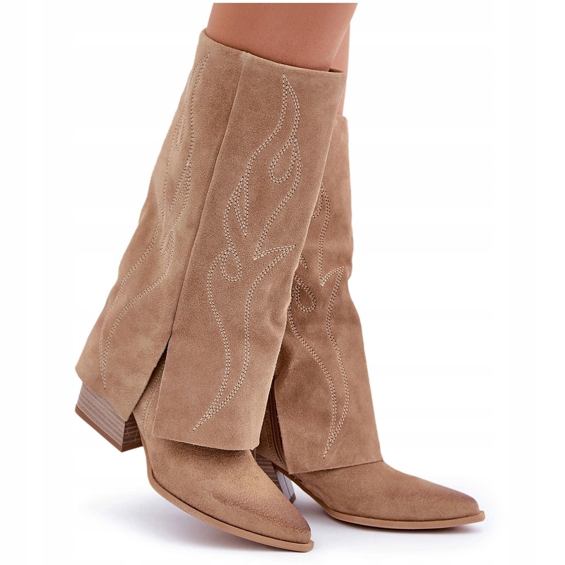 Kozačky S Vyhrnutým Svrškem Semišové Podpatek Sloupek Zazoo 3487 Béžové 36