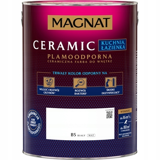 Farba Magnat Ceramic Kuchnia-łazienka Plamoodporna Matowa Czysta Biel B5 5L