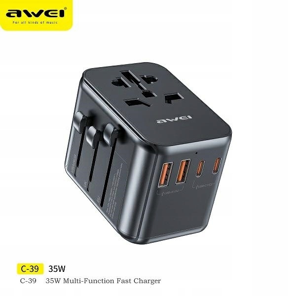 Awei Síťový adaptér 2xUSB+3xUSB-C C-39 35W 4v1 Us/au/eu/uk černý/black Unive
