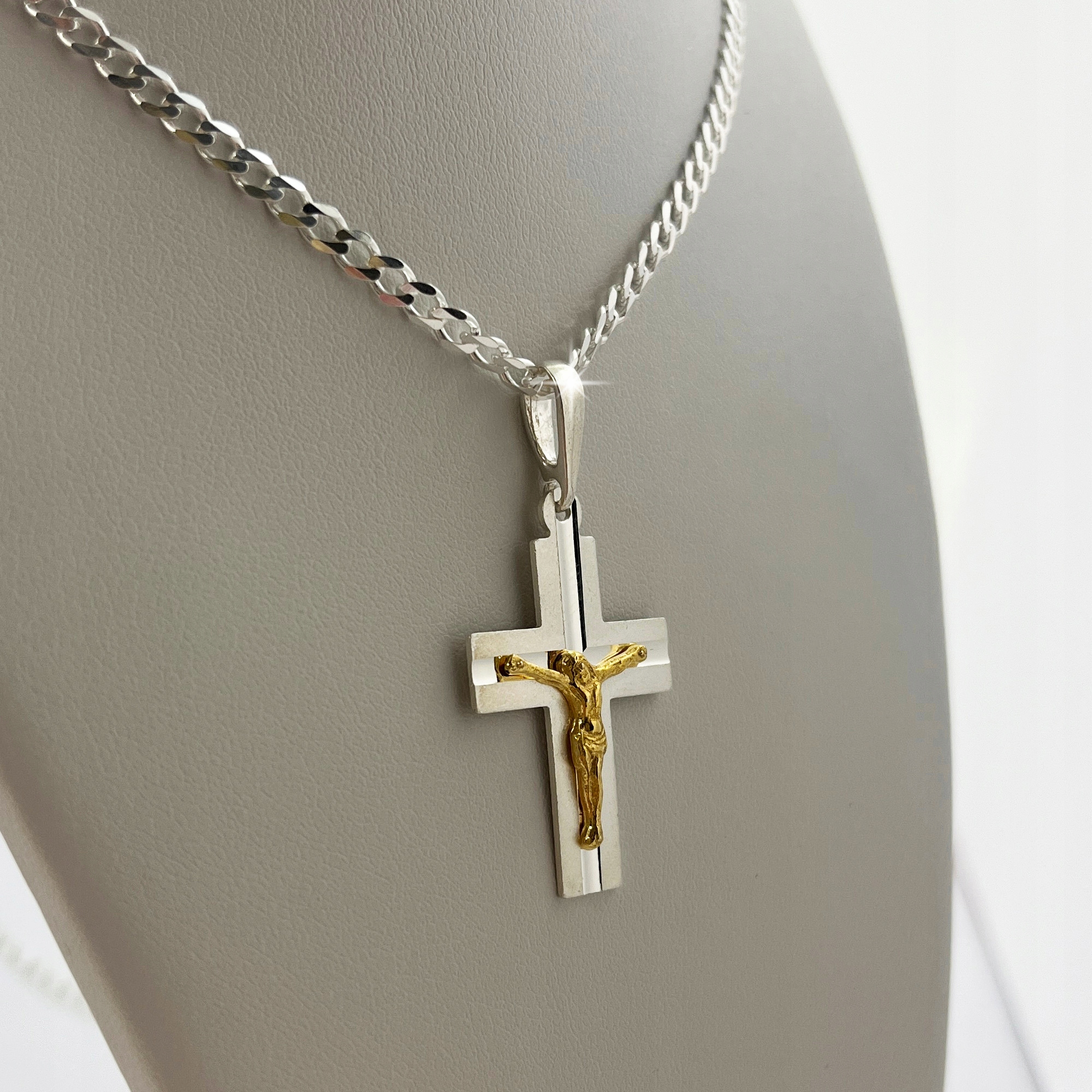 SREBRNY ŁAŃCUSZEK PANCERKA + KRZYŻYK Z CHRYSTUSEM PR. 925 + GRAWER PREZENT Kolekcja Na Komunię Komunijny Chrzest Grawer Zawieszka