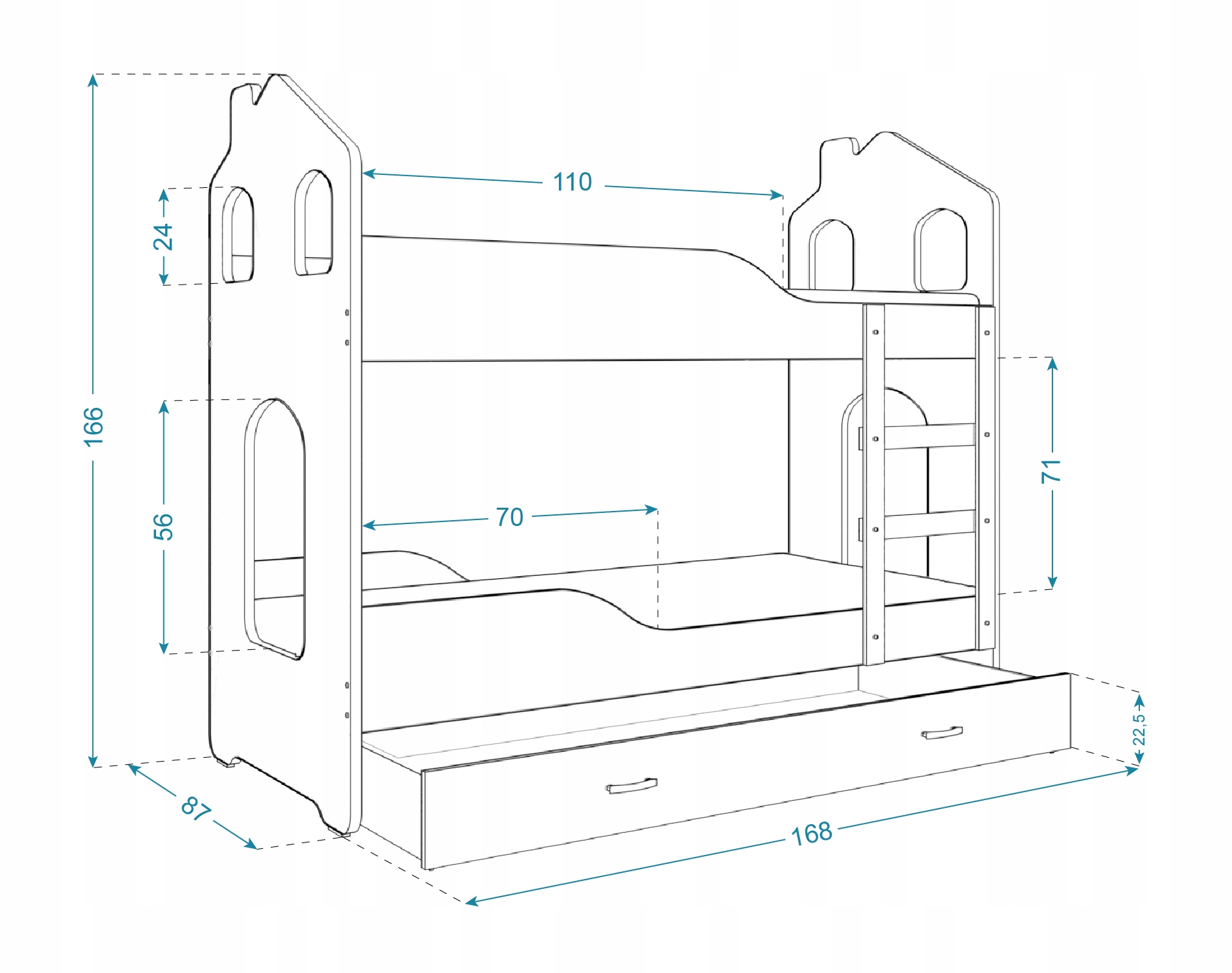 Łóżko piętrowe 190x80 białe DOMINIK DOMEK Szerokość produktu 87 cm