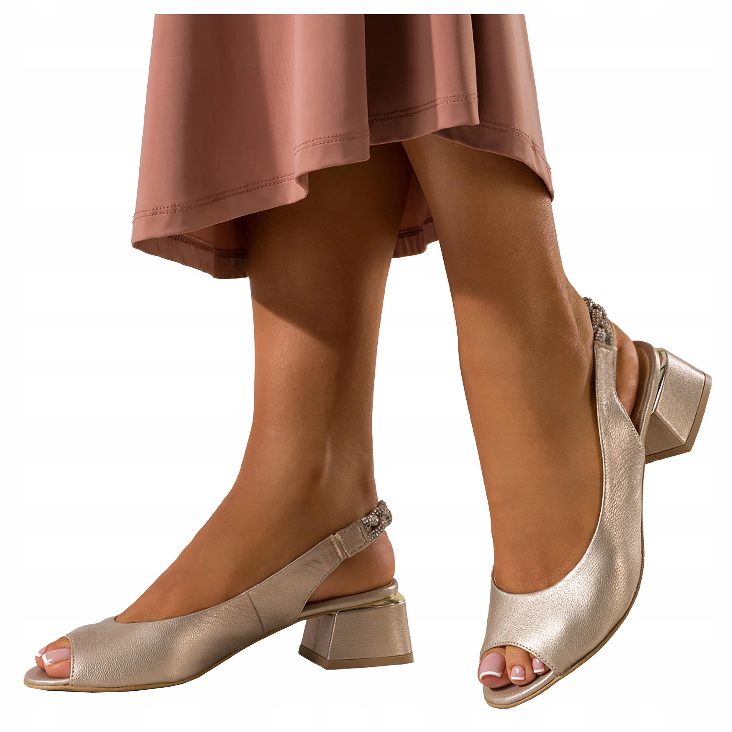 Kožené Sandály Dámské Šampaňské Nízké Klocek Pohodlné Elegantní vel 40