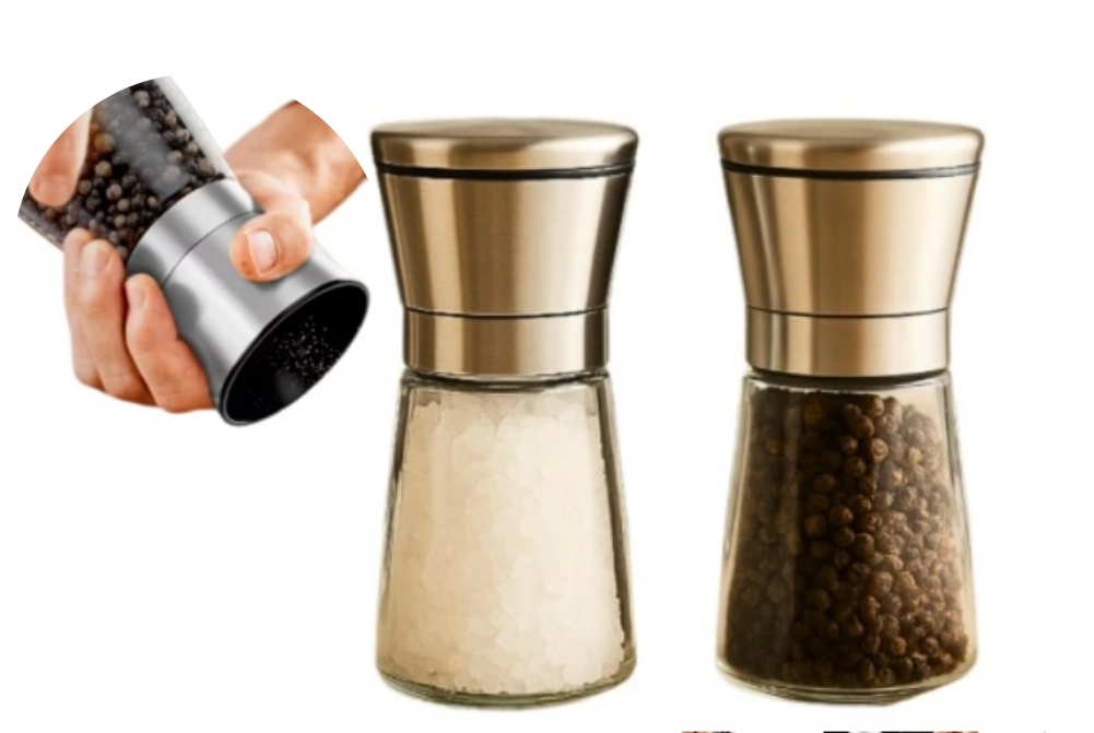2x Ruční Mlýnek Na Pepř A Sůl Koření keramický skleněný ocel Set