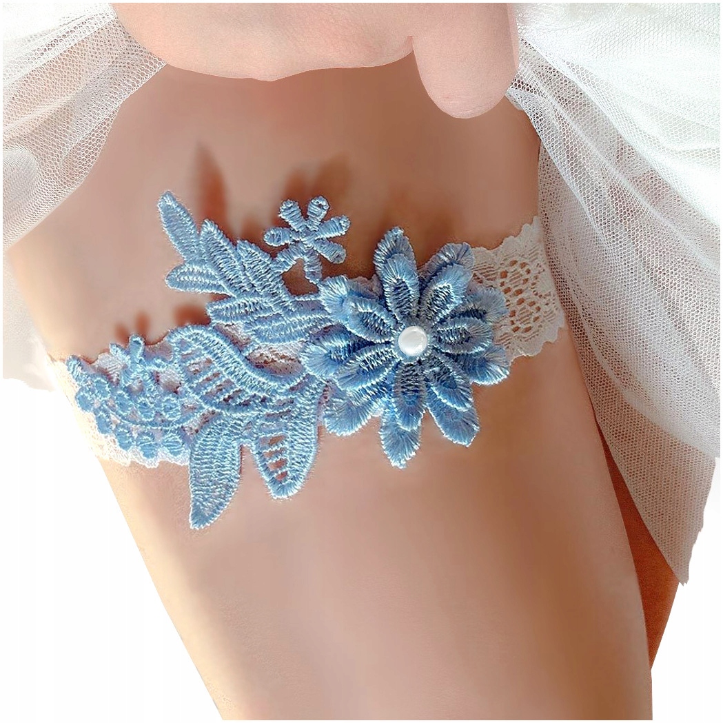 PODWIĄZKA ŚLUBNA niebieska biała, BŁĘKITNA KORONKOWA elastyczna