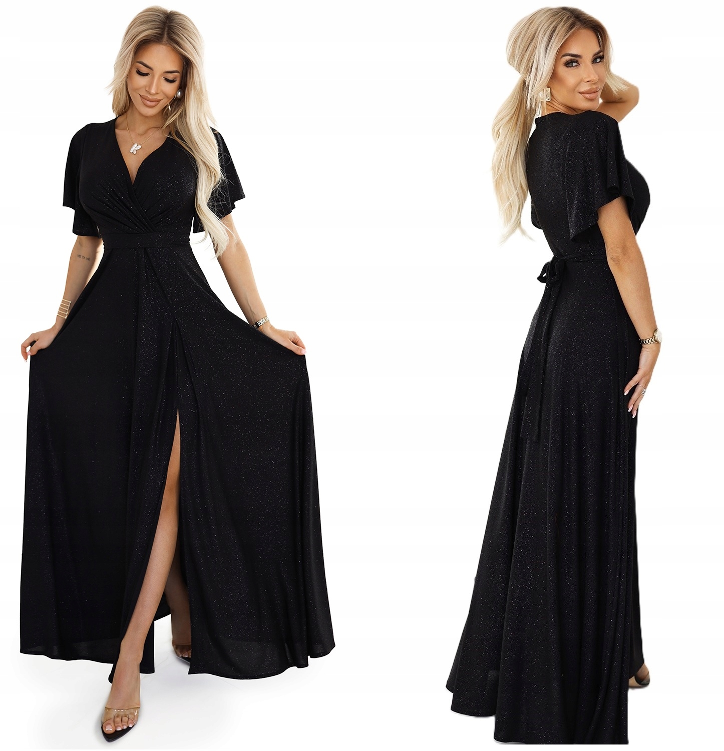 Dlouhé Šaty Na Ples S Výstřihem A Páskem V Pase Černé Se Třpytkami XXL