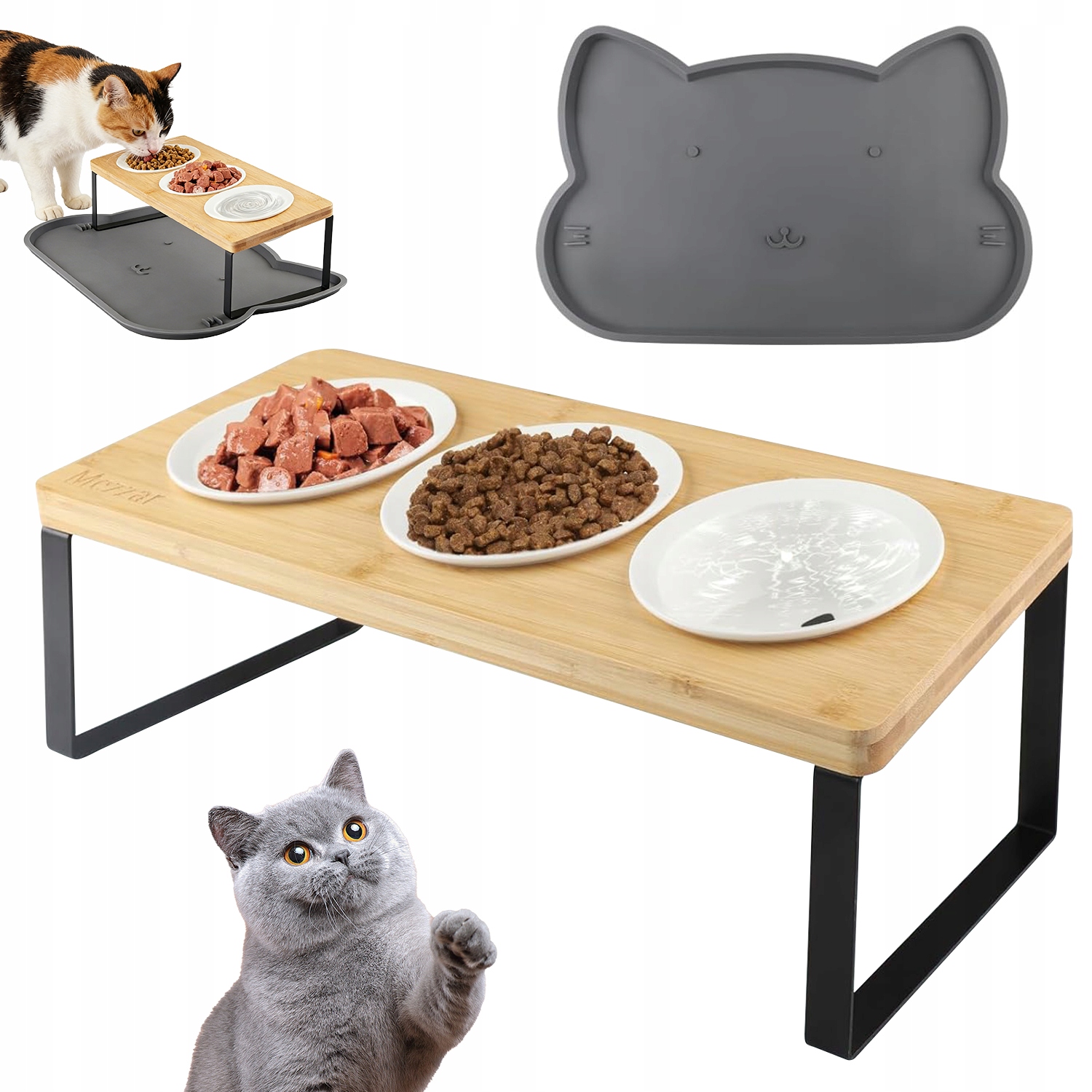 Dřevěná Krmná Stanice Pro Kočky 3 Misky 15 Stupňů Ergonomie
