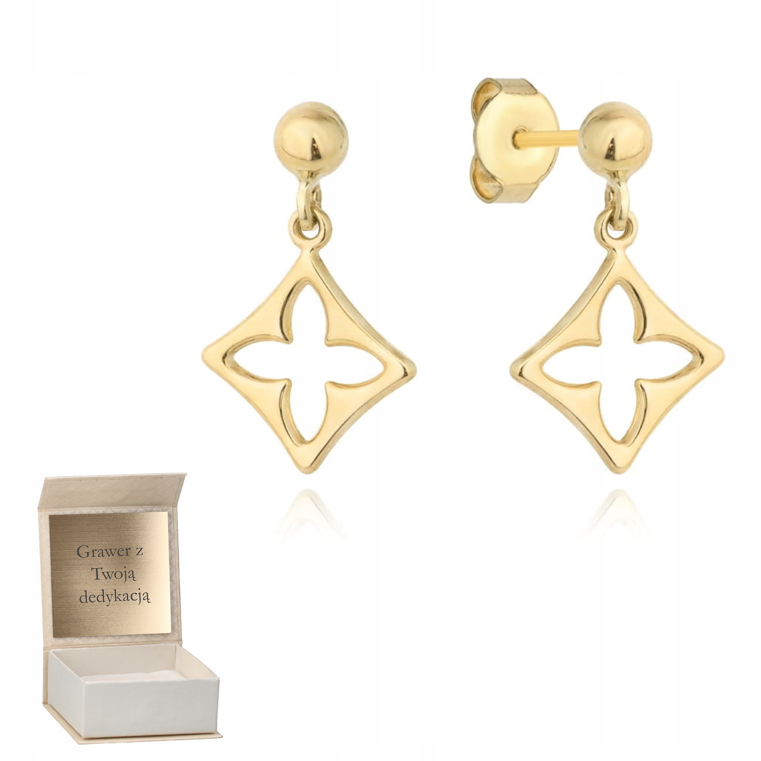 Zlaté náušnice Ažurová závěsná Čtyřlístek tyčinka zlato ryzost 585 Gravírování