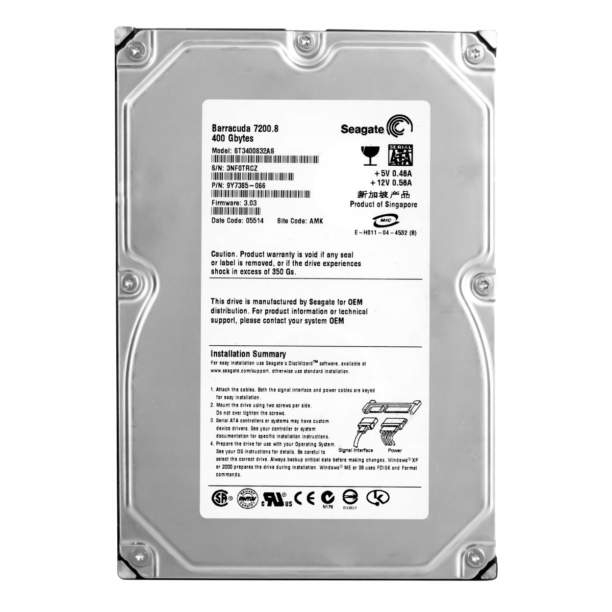 Seagate 400GB 7.2k 8MB Sata 3.5'' ST3400832AS