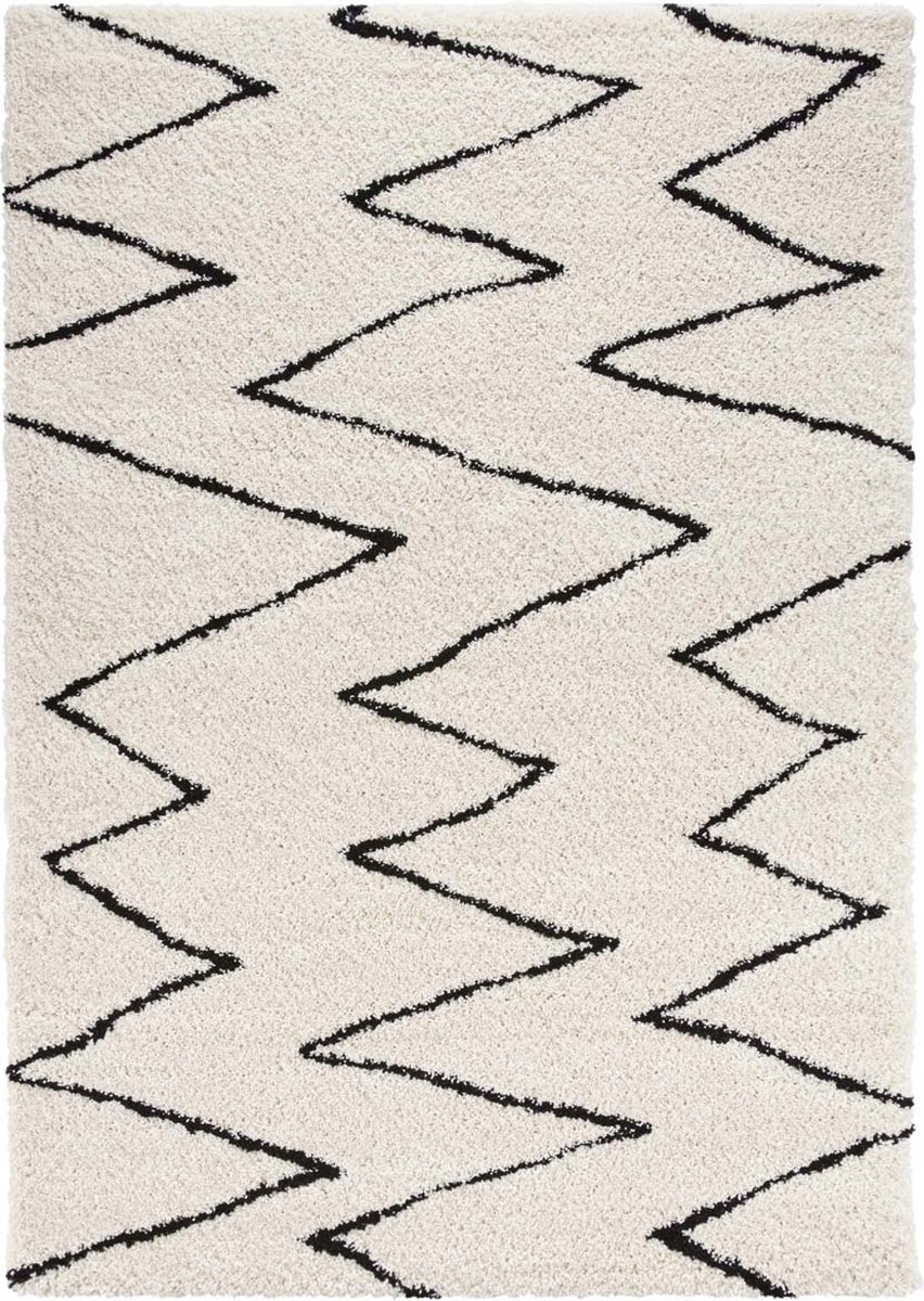 Krémový čierny hrubý shaggy koberec do obývačky, boho vzor 120 x 170 cm