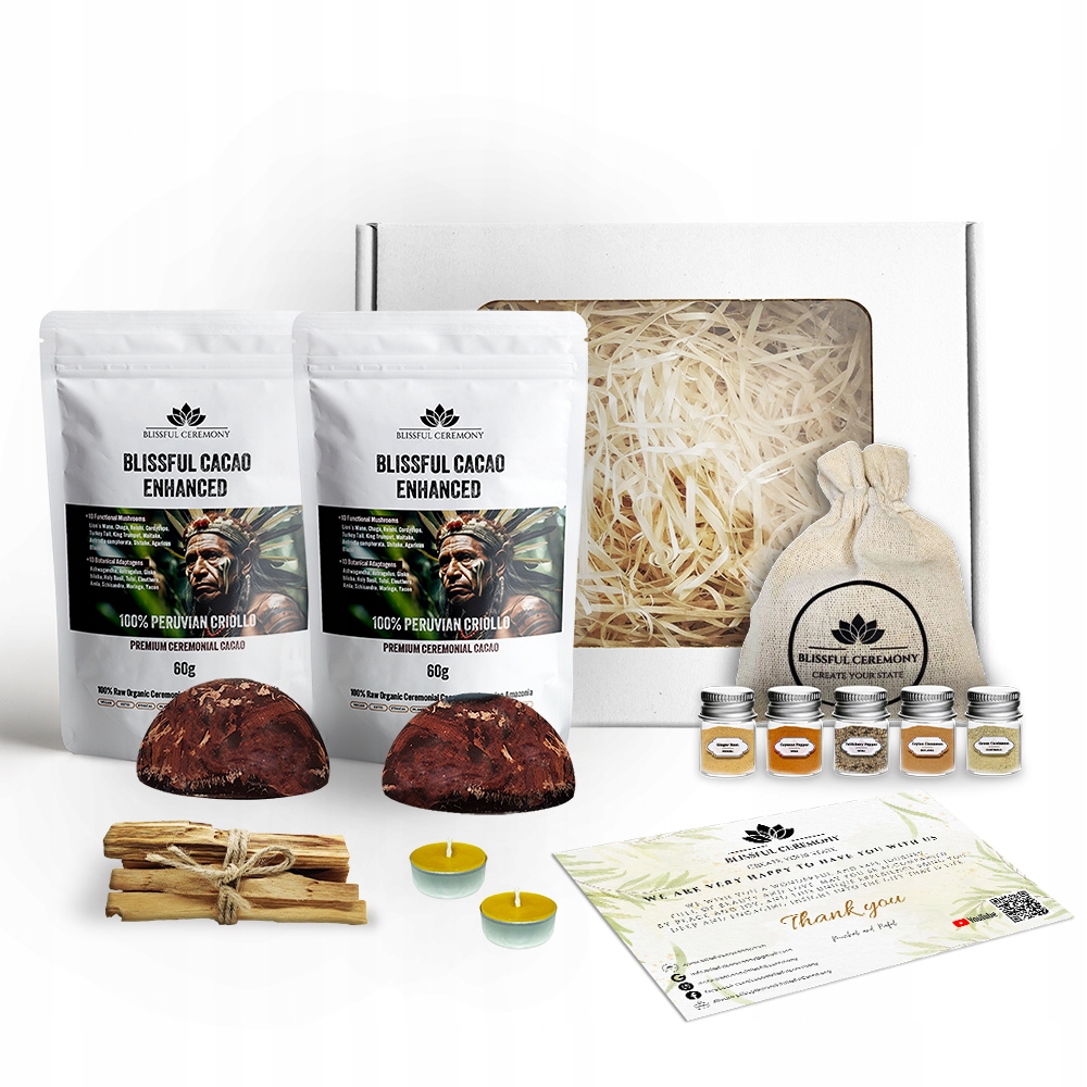 Ekologické obřadní kakao bez cukru, 20 Adaptogenů, 120 g, sada