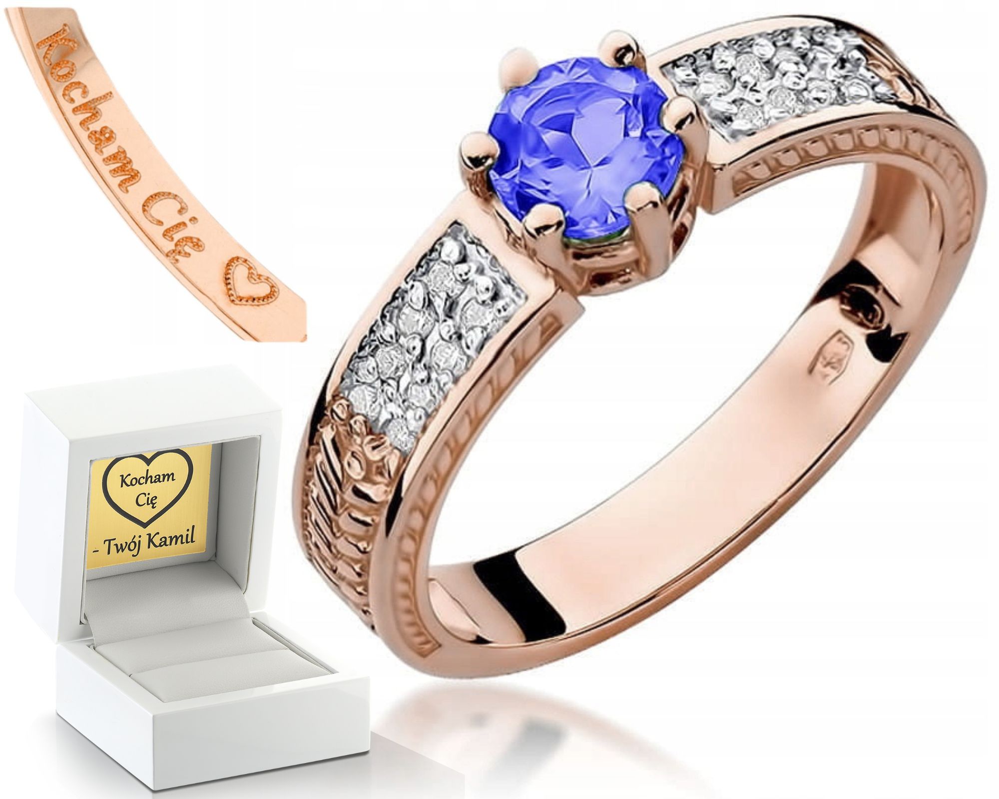 Zásnubní Prstýnek Z Růžového Zlata S Tanzanitem A 585 Diamanty, Gravírování Bonus