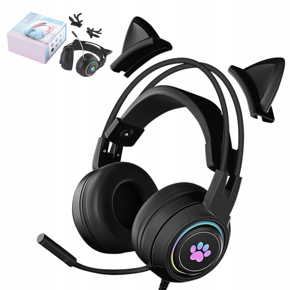 Słuchawki Gamingowe Bluetooth Mikrofon Led Pc PS5 Xbox Kocie Uszy Czarne
