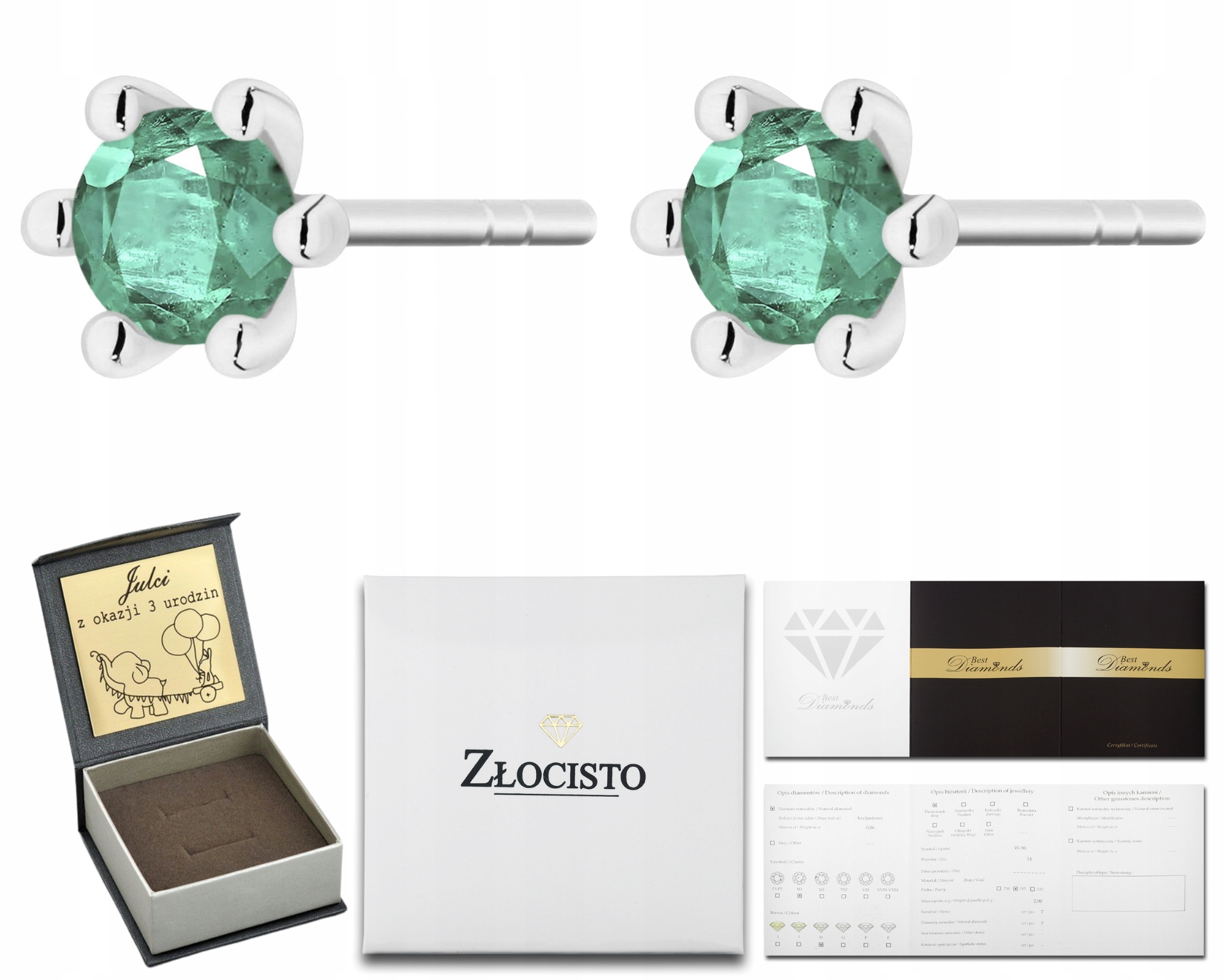 Náušnice z bílého zlata se smaragdem Ryzost 585 14K, Dárek Gravírování