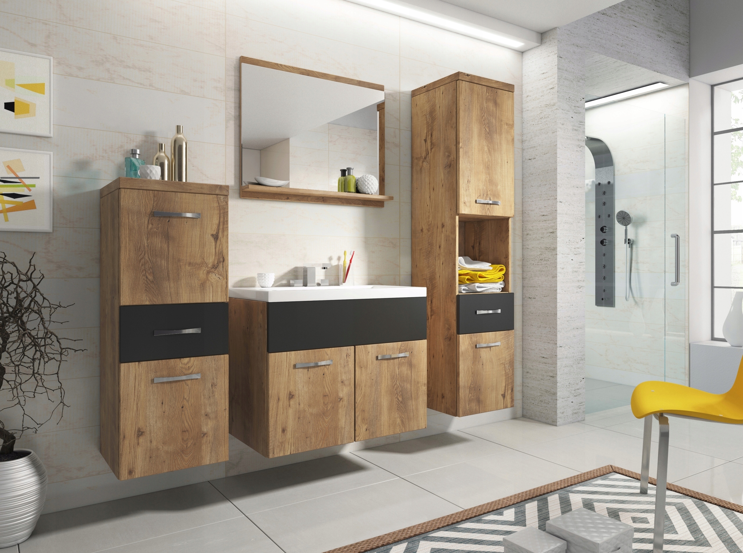 Meble łazienkowe ALBA BIAŁY POŁYSK / DĄB SONOMA Liczba elementów w zestawie 5