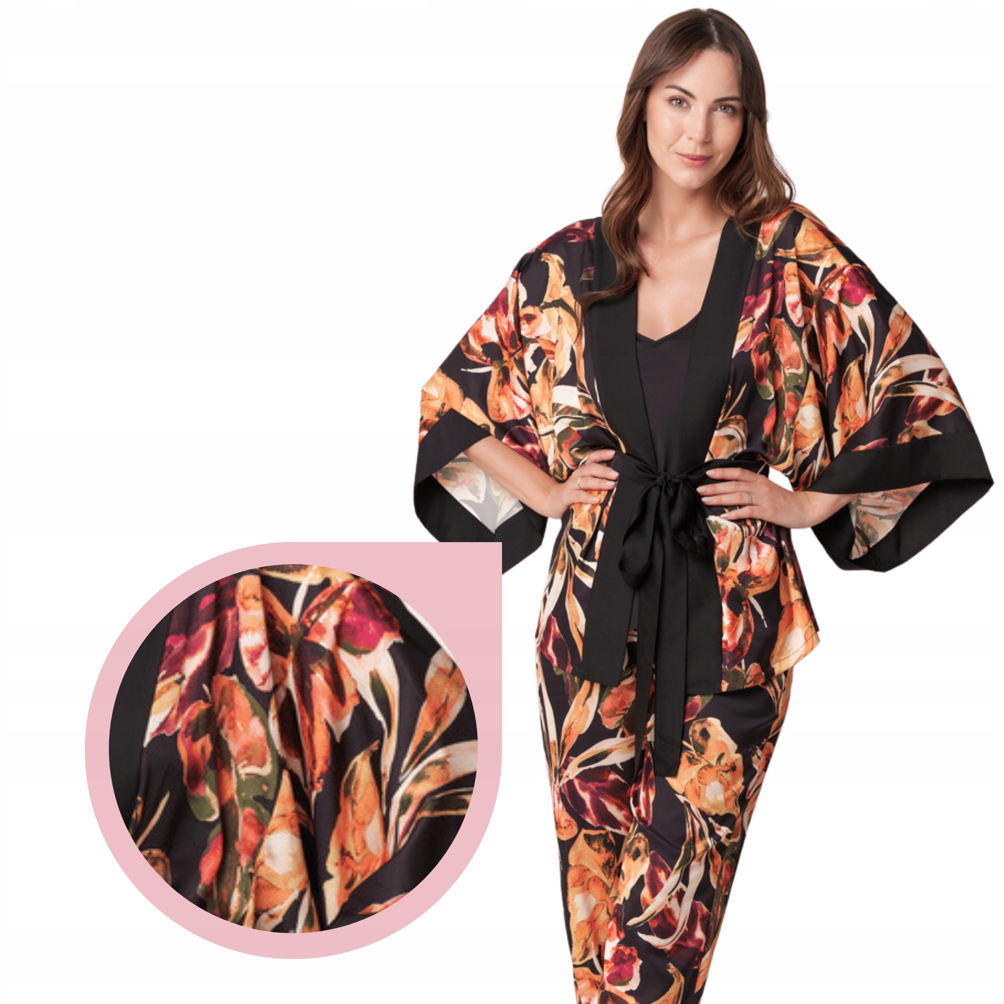 Kimono Endorfinella Darling krátký saténový přehoz Black Monstera XXL