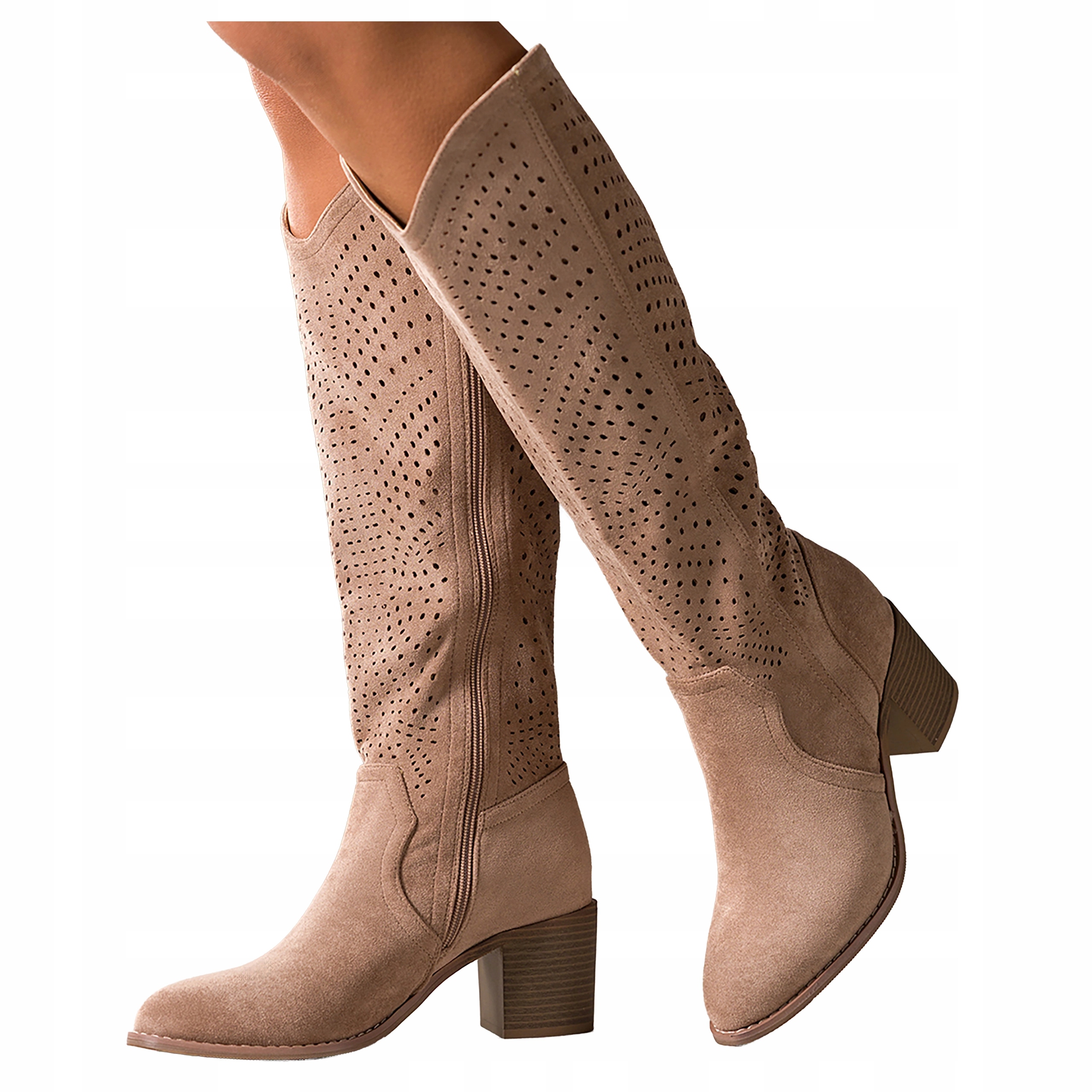 Kozačky Béžové Dámské Před Koleno Na Podpatku Ažurová Svršek Pohodlné vel 37