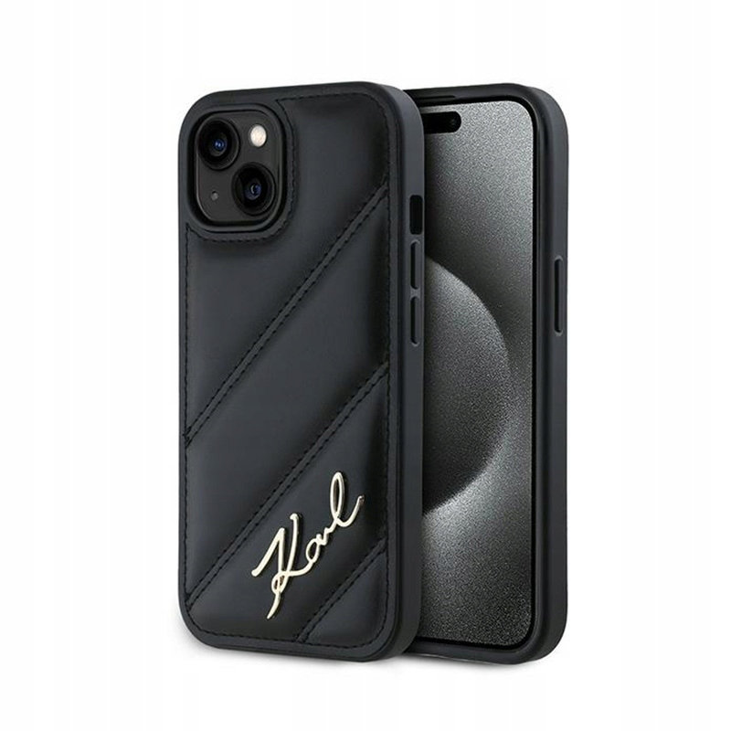 Karl Lagerfeld Diagonal Quilted Script Pouzdro pro iPhone 15 14 13 (černé)