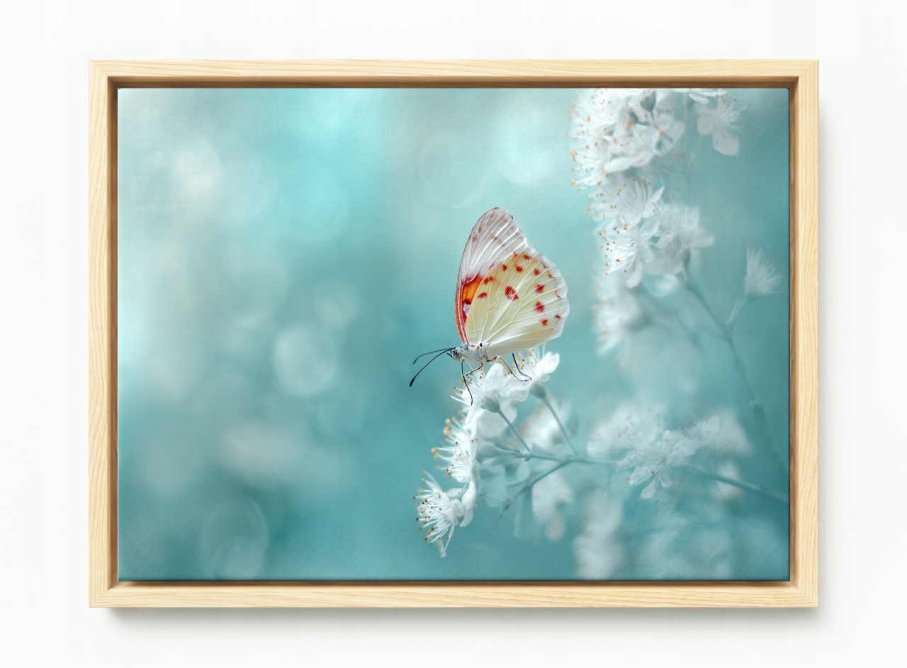 Obraz Rám Americký Box Jemný Motýl Bílé Květy Turkus Bokeh 60x40