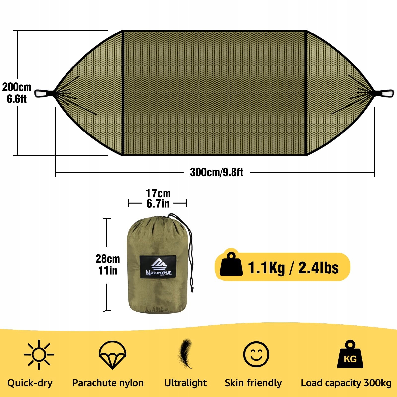 NATUREFUN Lekka Moskitiera Hamak Kempingowy 300x200cm 300kg Nylon Army Gree — miniatura 3