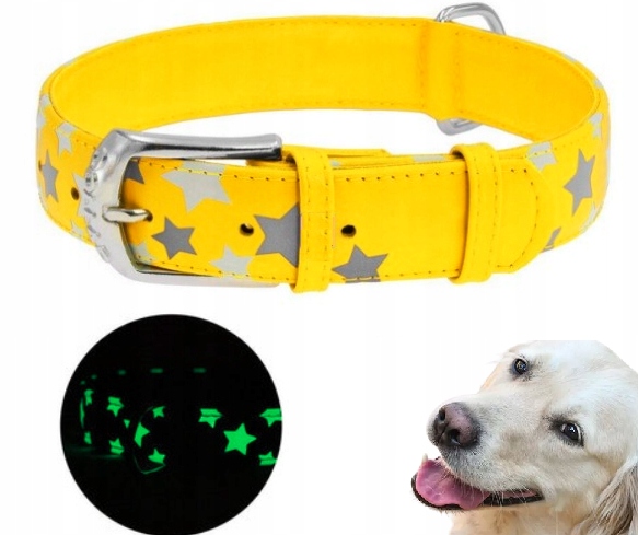 Levně Kožený Obojek Odrazka Waudog Collar 35MM 46-60CM Žluté Hvězdičky Silná