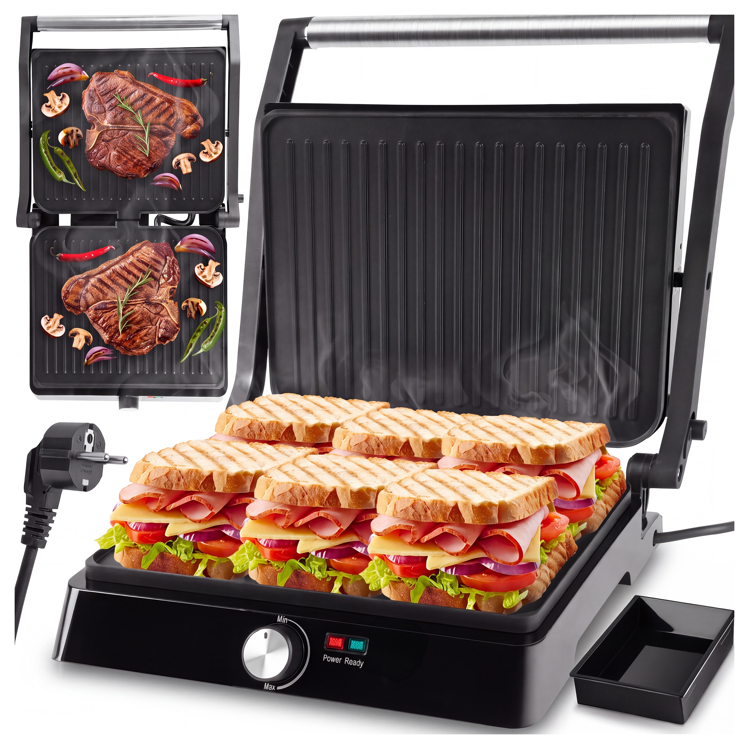 Elektrický Gril Opékač Topinek Toustovač Pro Sendviče Panini Rozkládací Výkonný 2200 W