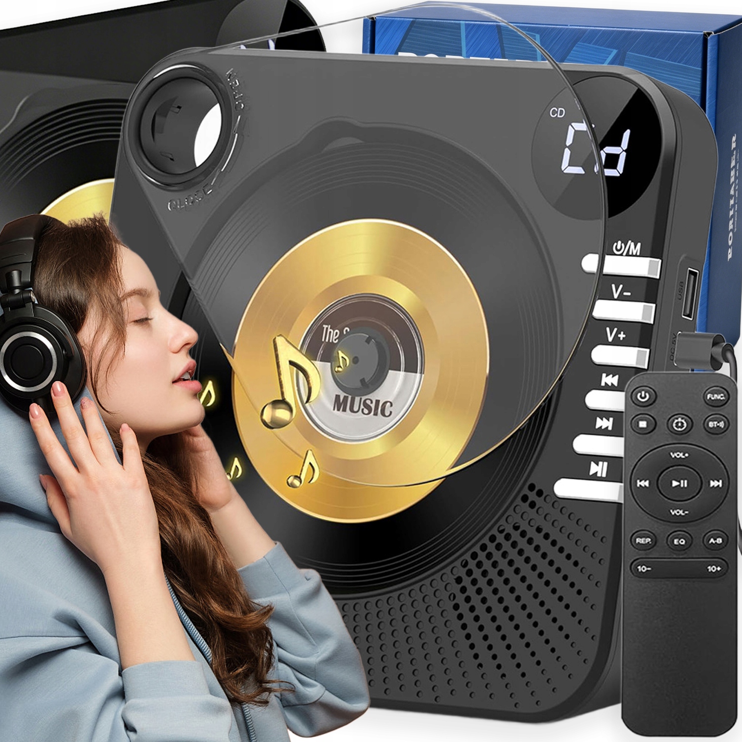 Přenosný Přehrávač CD Reproduktor Bluetooth Rádio Aux Usb Fm Černý MP3 S LCD