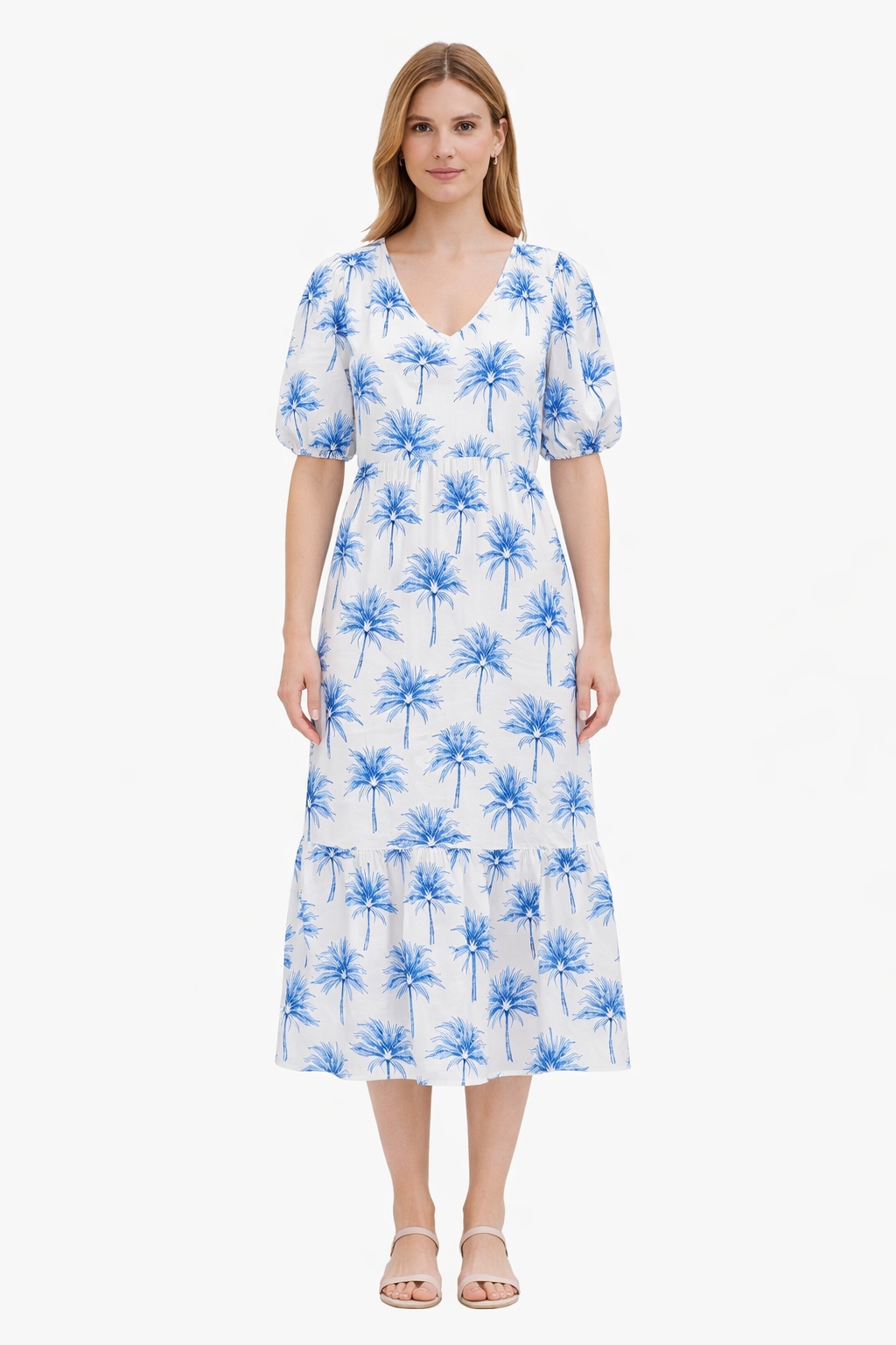 Béžová Šaty MIDI S Modrými Květy A Bufíky L I4A