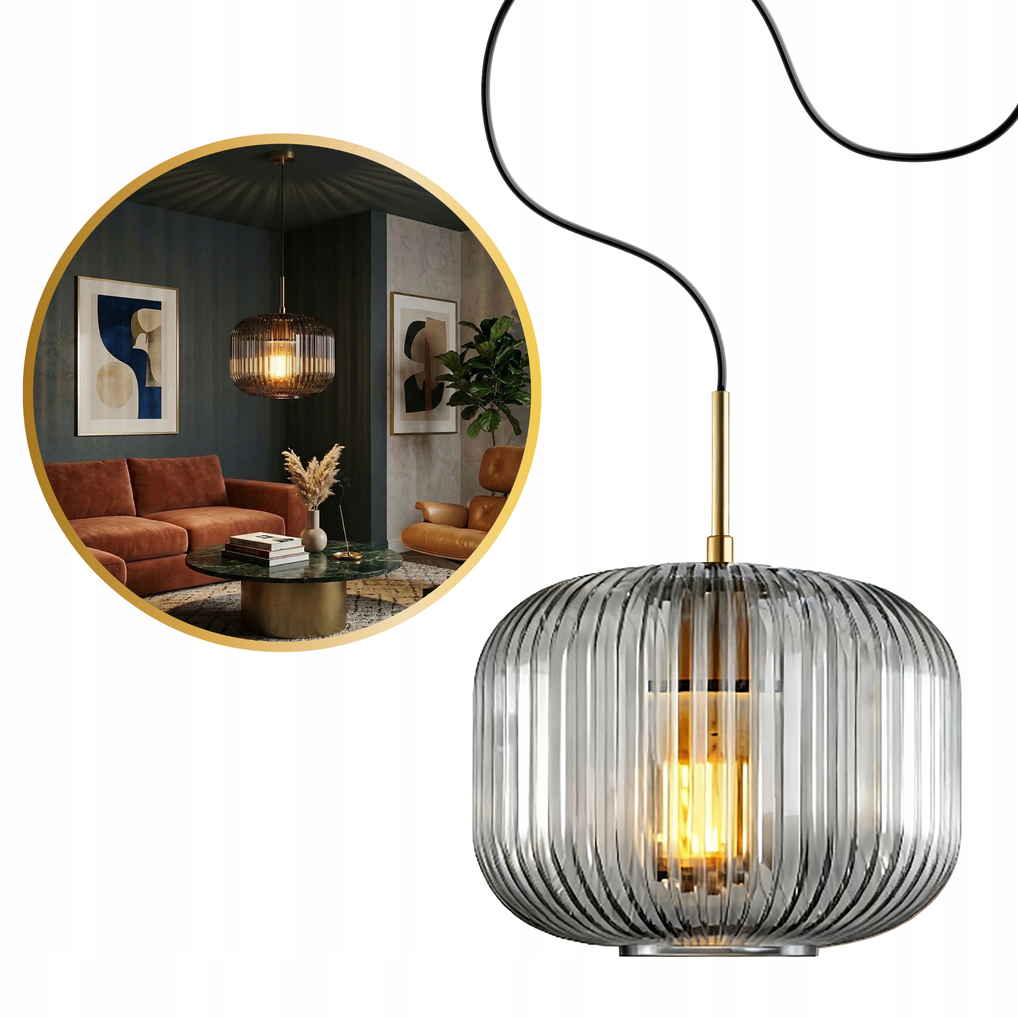 Lampa sufitowa Led wisząca grafitowy ryflowany klosz LL Nythera E27 złoty