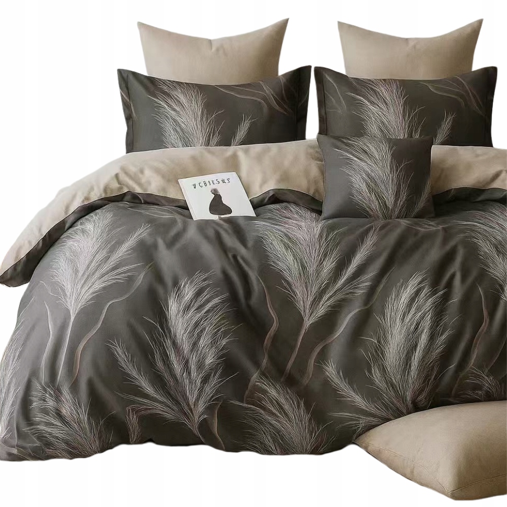 Komplet pościeli 200x220 zestaw dwustronna ze wzorem roślinnym ciemna szara