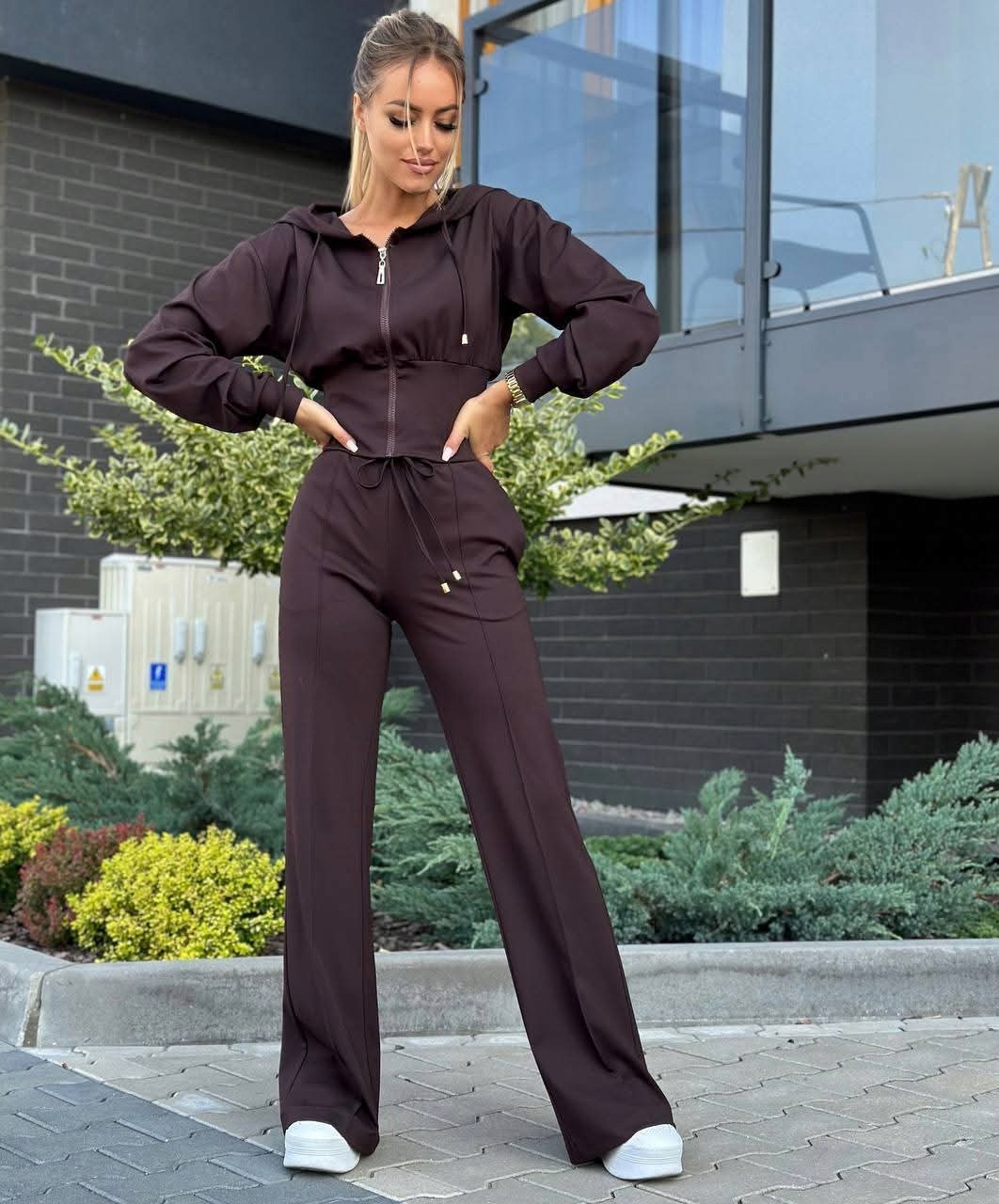 Dámská Tepláková Souprava Korzetová Mikina S Kapucí Kalhoty Wide Leg Čokoláda S