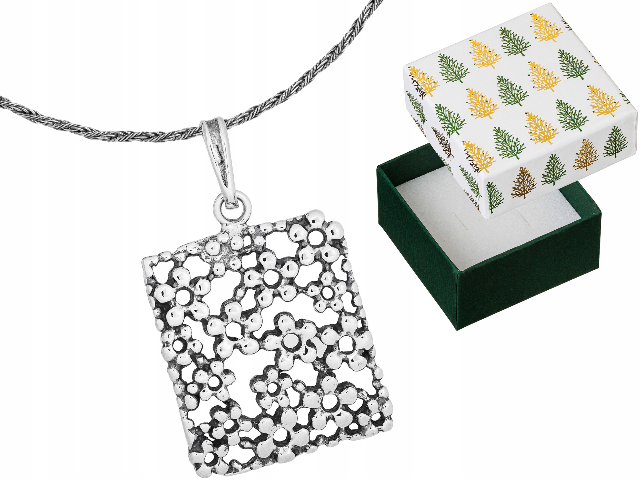 Obdélník s květinami Stříbrný náhrdelník Květiny Stříbro Oxidovaný řetěz 38 Cm