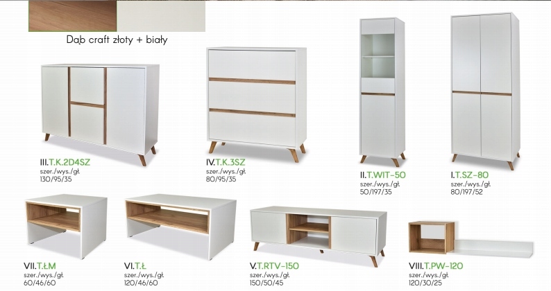 WITRYNA wąska 50 cm biały + dąb złoty na nogach Typ stojąca