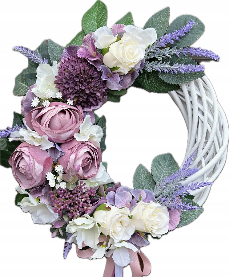 WIANEK KWIATOWY NA DRZWI STROIK WIENIEC WIOSENNY LAWENDA PEŁNIKI 37 cm